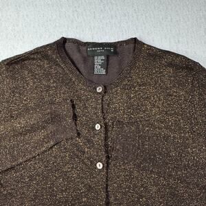 August Silk Knit Brown and Gold Metallic Button Up Sweater Large Long sleeved